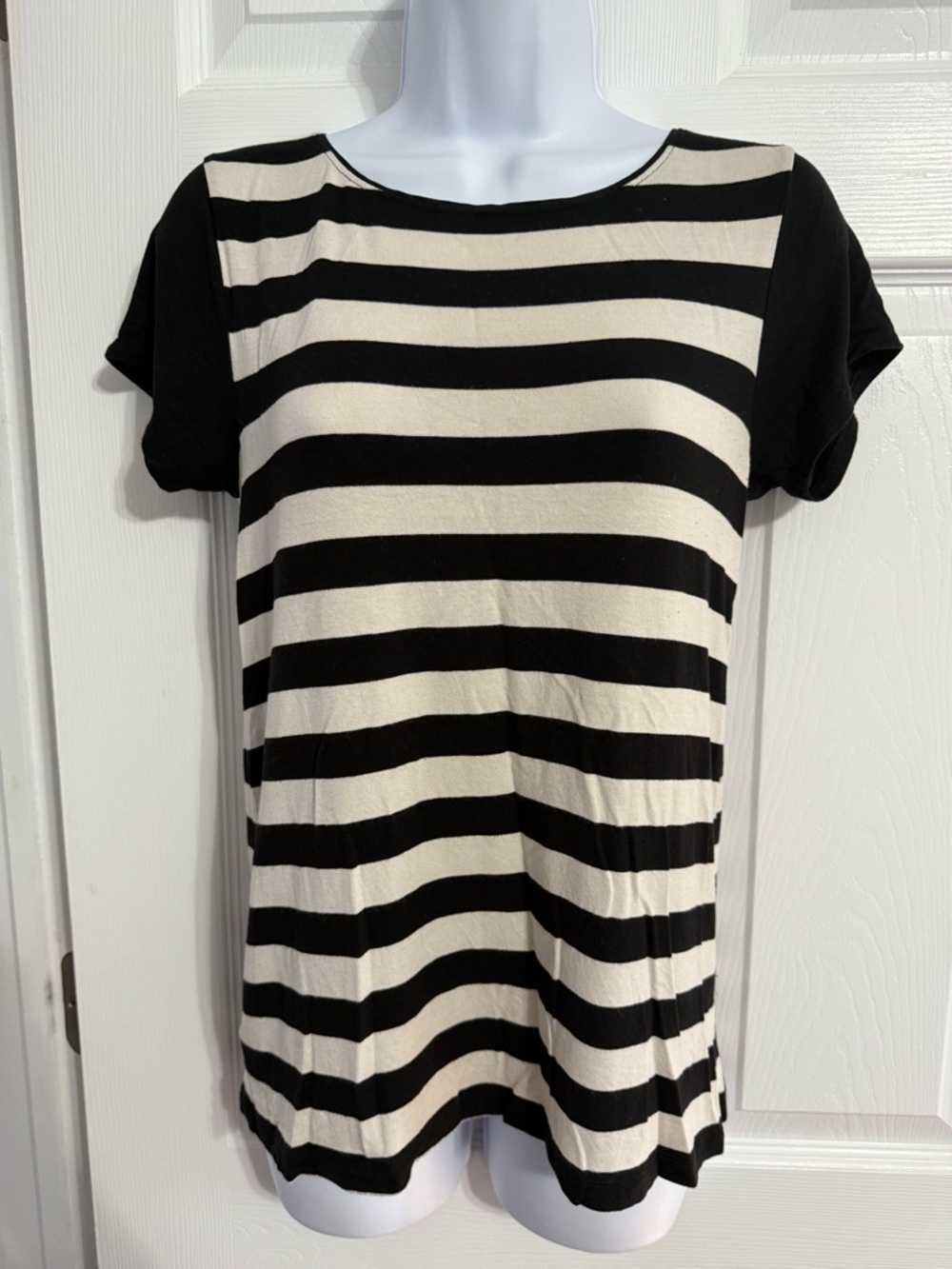 LOFT Black and Cream Striped Top with Exposed Gold Zipper